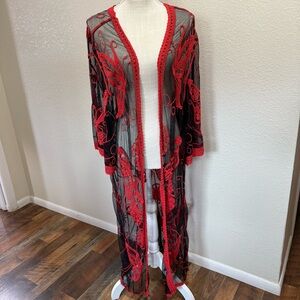 Highness - Red and Black Sheer Butterfly Embroidered Kimono - One Size